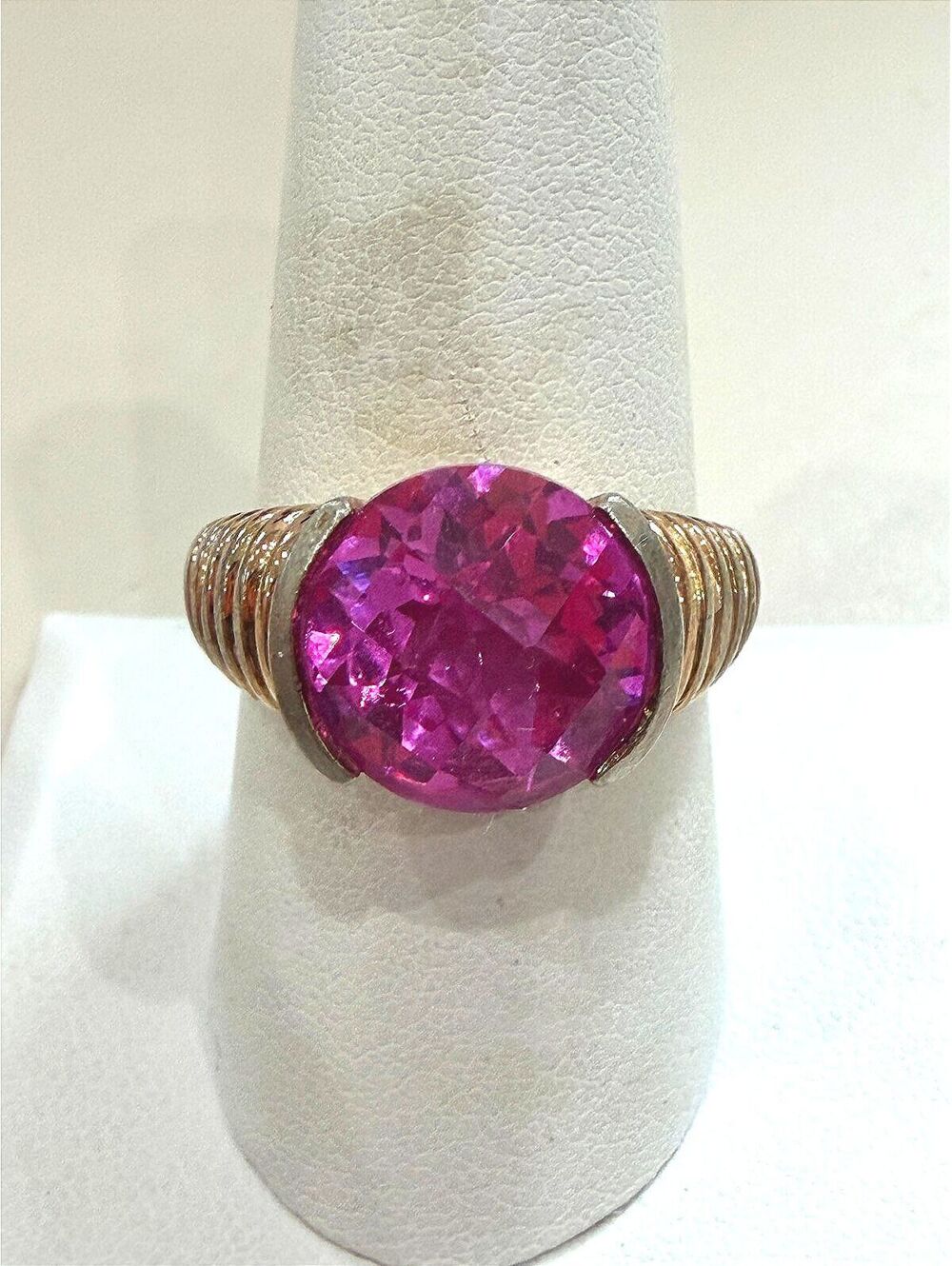 Vintage Pink Gemstone Ring with Gold Tone Band Size 9